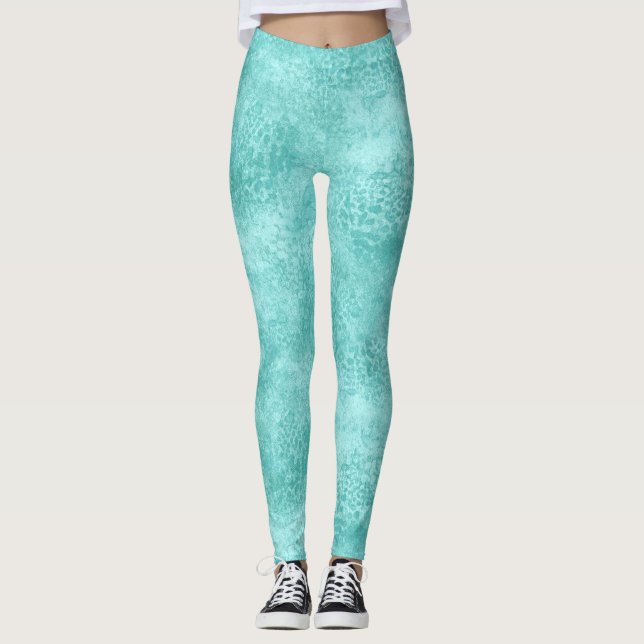 Blå Mint Hav Grön Korall Struktur Leggings (Framsida)
