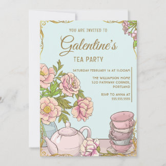 Blå Mint Vintage Blommig Galentine's Dag Té Party Inbjudningar