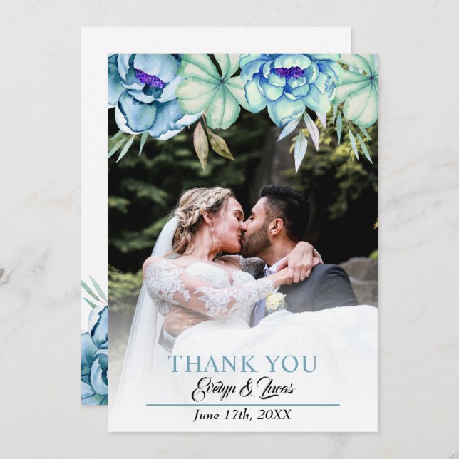 Blå, mintgröna akvarellblommor blomsterbröllop tack kort (Fram/baksida)