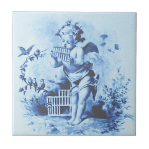 Blå Minton Cherub med Pan Rör & Birds Repro Kakelplatta