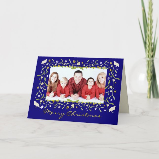 Blå mistletoe och stjärnor, anpassningsbar fotojul helgkort (Framsida)