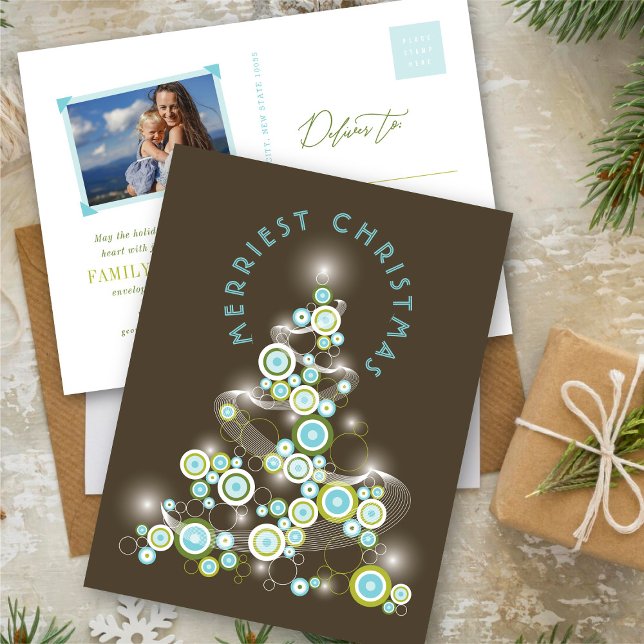 Blå Mod Cirklar Lysande Abstrakt Julgran Helg Vykort (Blue Mod Circles Glowing Abstract Christmas Tree Holiday Postcard @ fat_fa_tin)