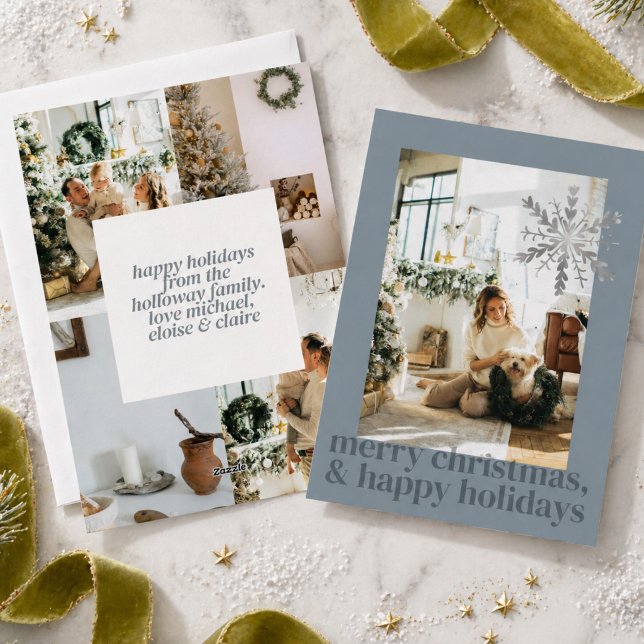 Blå Modern Estetisk Foto Platt Julkort (Blue Modern Aesthetic Photo Flat Holiday Card)