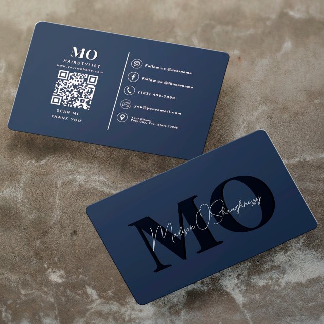 Blå Modern Minimalist Monogram Professionell QR  Visitkort (Skapare uppladdad)
