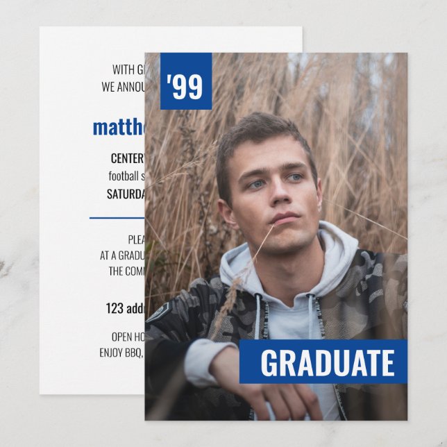 Blå Modern och Djärv Fotobjudan till Examen Inbjudningar (Fram/baksida)