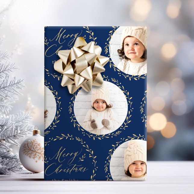 Blå Modern Skrift God Jul Familj 6 foto Presentpapper (Blue Modern Script Merry Christmas Family 6 photo Wrapping Paper)