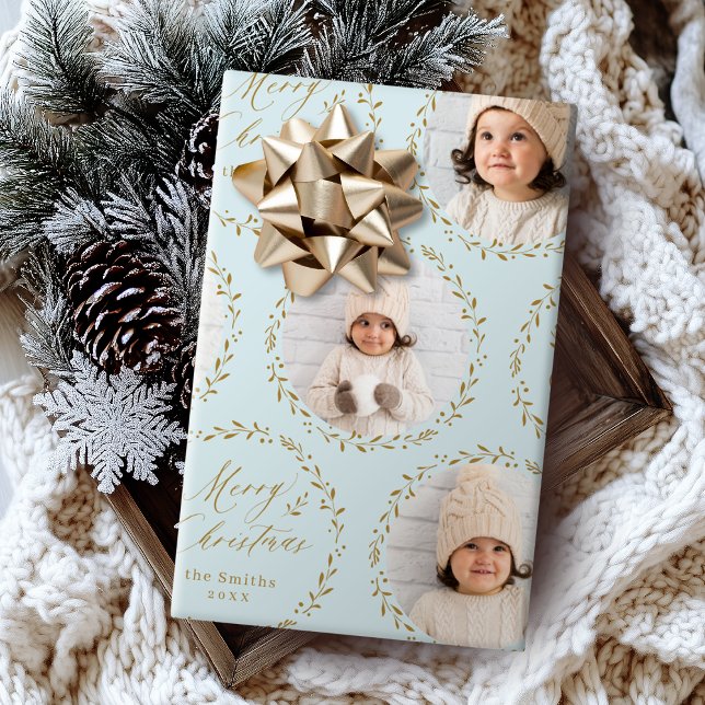 Blå modern skrift God Jul Familj 6 foto Presentpapper (Blue Modern Script Merry Christmas Family 6 photo Wrapping Paper)