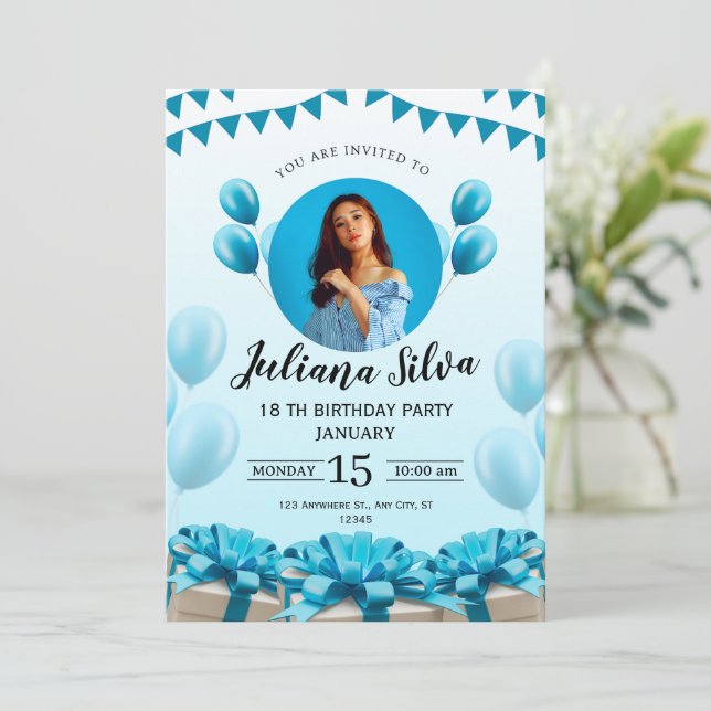 Blå Modern Ung Födelsedagsinbjudan Inbjudningar (Stående Fram)