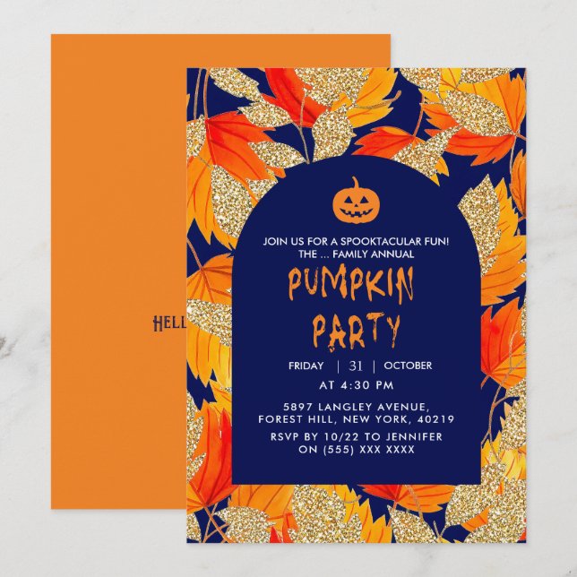 Blå | Moderna Falska Glitterblad Halloween  Inbjudningar (Fram/baksida)