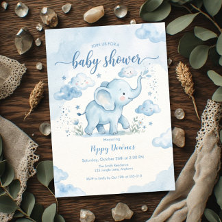 Blå Moln Elefant Baby Shower Inbjudningar