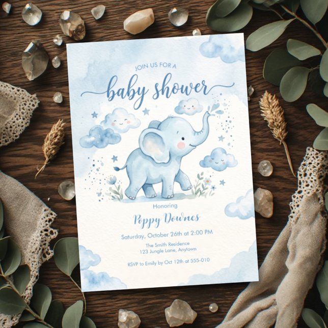 Blå Moln Elefant Baby Shower  Inbjudningar (Skapare uppladdad)