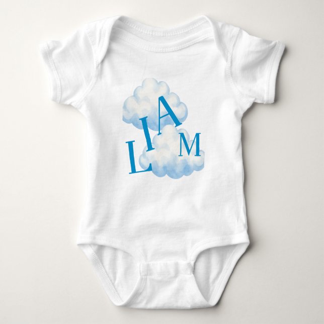 Blå Moln Monogram Babydräkt T Shirt (Framsida)