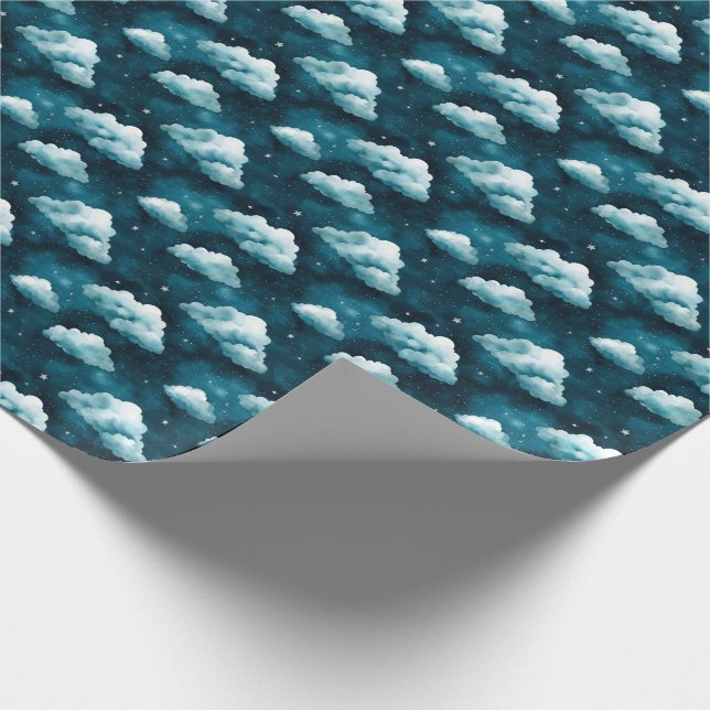 Blå moln och stjärnor på Mörk blått Presentpapper (Hörn)