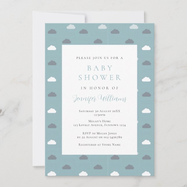 Blå Moln Pojke Bebis Baby Shower Inbjudan (Framsida)