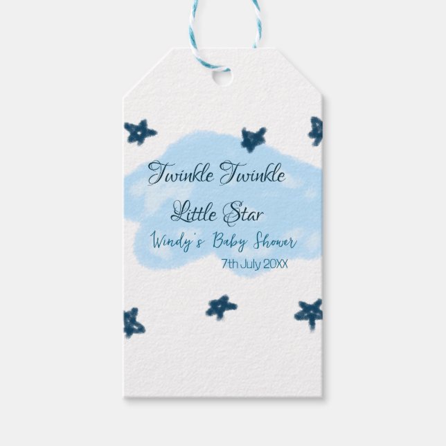 Blå moln, twinkle, lilla stjärnornas baby-sko presentetikett (Framsidan)