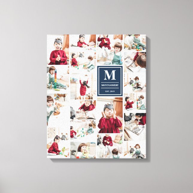 Blå monogram 19 Bilder fotokollage (Framsida)