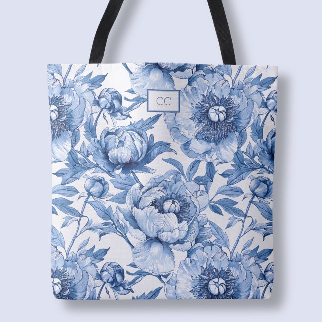 Blå monogram-Blommigt, Bridesmaid Flower Shopping Tygkasse (Monogram Blue Floral Bridesmaid Flower Shopping Tote Bag)