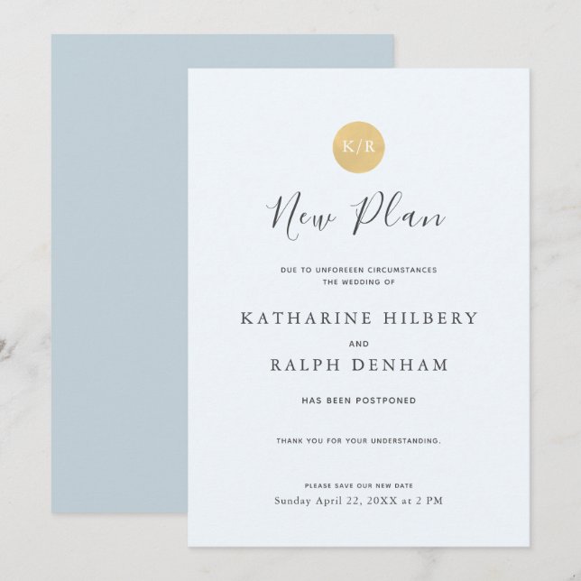 Blå Monogram Bröllop Ny Plan Annonsering Inbjudningar (Fram/baksida)