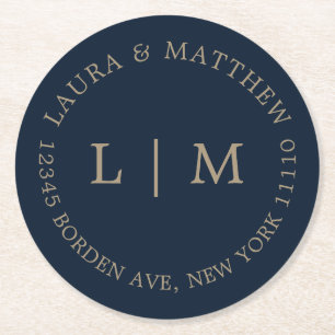 Blå monogram Bröllop Underlägg Papper Rund