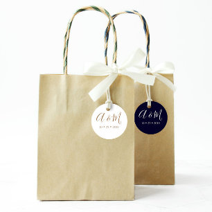 Blå monogram Elegant bröllop Runt Klistermärke