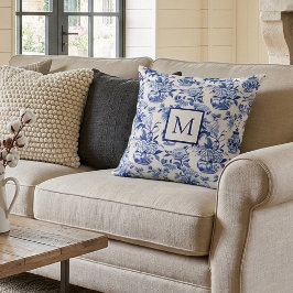 Blå monogram fransk lanthushållskastkudde kudde