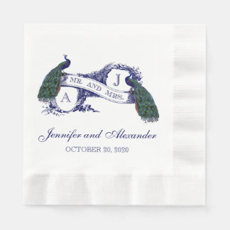 Blå monogram Peacock Bröllop Pappra blöjor Pappersservett