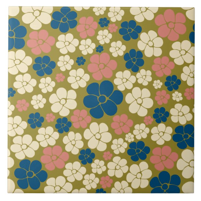 Blå Mönster - Blå, Oliv grönt, Rosa och grädde Kakelplatta (Framsidan)