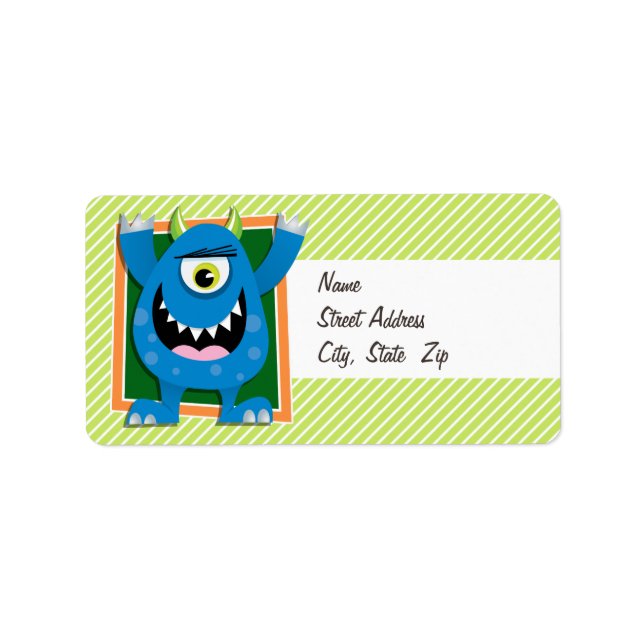 Blå monster på Lime Green & White Rand Adressetikett (Framsidan)