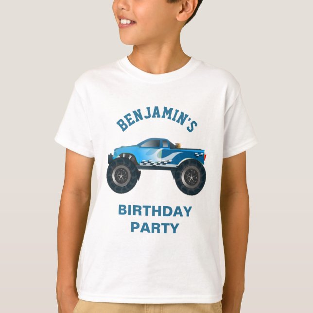 Blå Monster Truck Barnkalas T Shirt (Framsida)