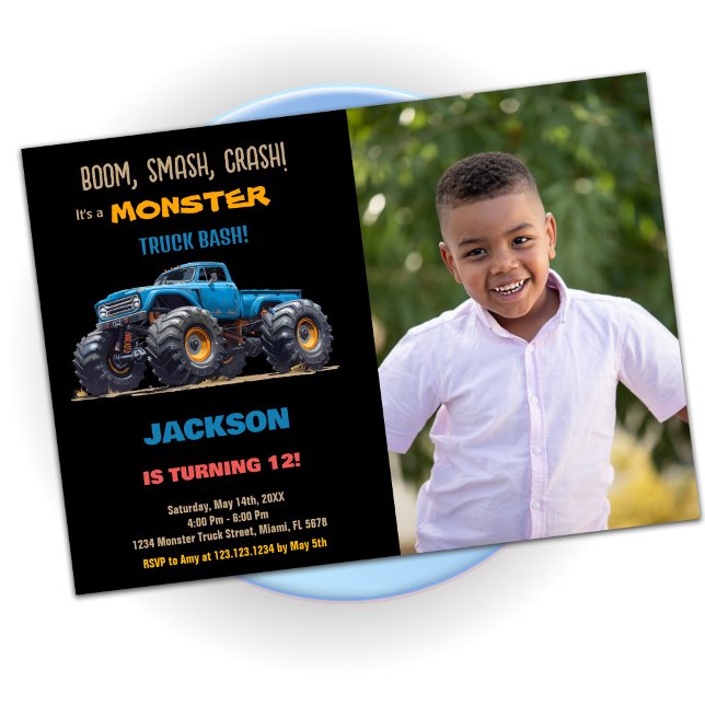 Blå Monster Truck Födelsedagsinbjudningar Foto Inbjudningar (Blue Monster Truck Birthday Invitations Photo)