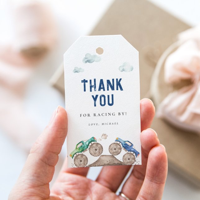 Blå monstertruck födelsedag presentetikett (Skapare uppladdad)