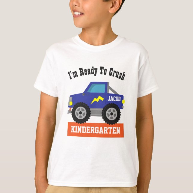 Blå Monstertruck Redo Att Krossa Kindergarten Pojk T Shirt (Framsida)