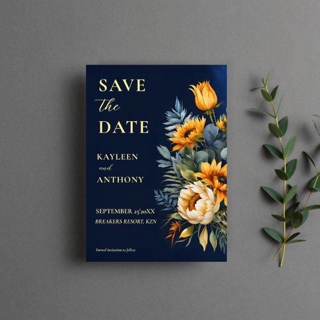 Blå moody, , rustiska solblommor bröllop spara datumet (Navy blue moody rustic sunflowers fall wedding save the date cards qr save the date floral elegant)