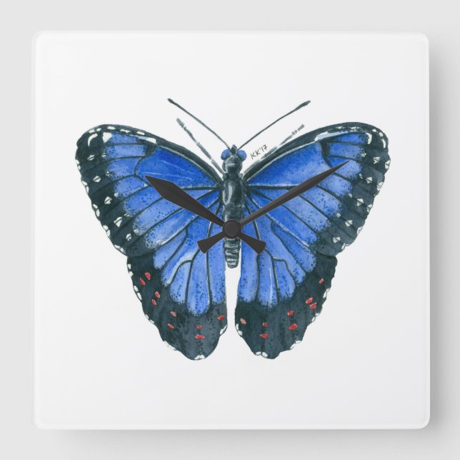 Blå morfo-vattenfärgsfärg för fjäril fyrkantig klocka (Framsida)