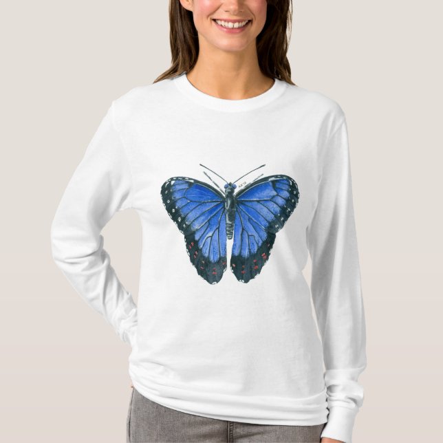 Blå morfo-vattenfärgsfärg för fjäril tee shirt (Framsida)
