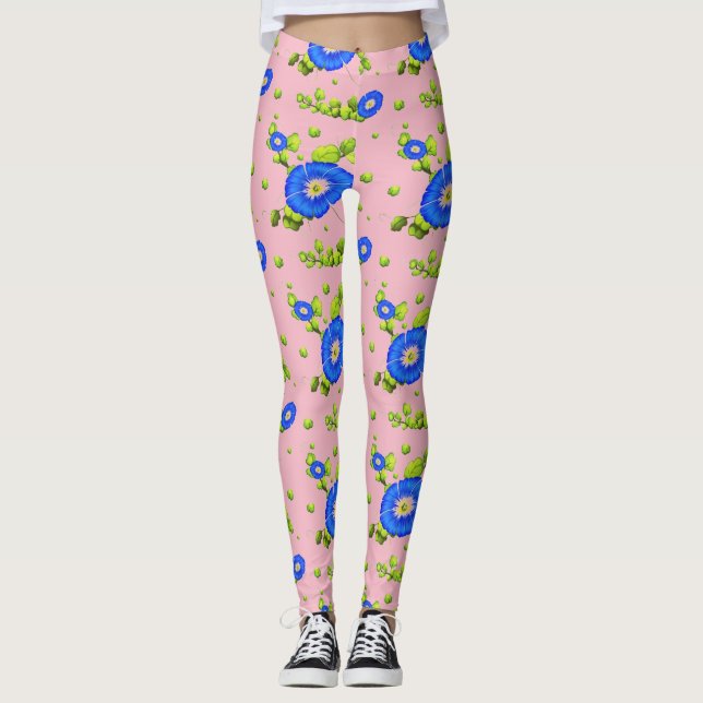 Blå morgonglasblommor Mönster (Blekens Rosa) Leggings (Framsida)