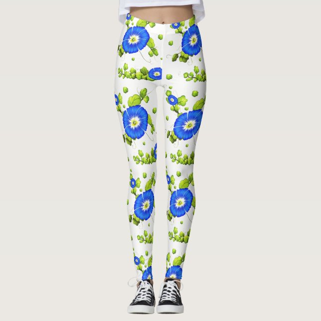 Blå morgonglasyr Flowers Mönster Leggings (Framsida)