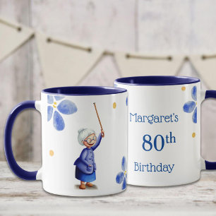 Blå mormor akvarell blommig 80-årsdag mugg