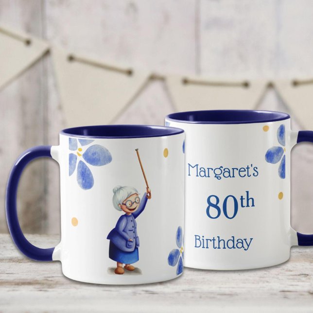 Blå mormor akvarell blommig 80-årsdag  mugg (Skapare uppladdad)