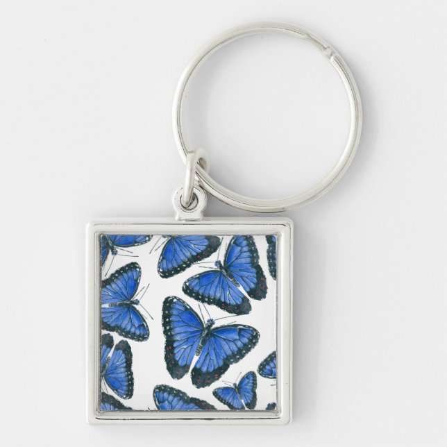 Blå morpho butterfly mönster fyrkantig silverfärgad nyckelring (Framsidan)