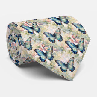 Blå Morpho Fjäril Blommig Botanisk Akvarell Slips