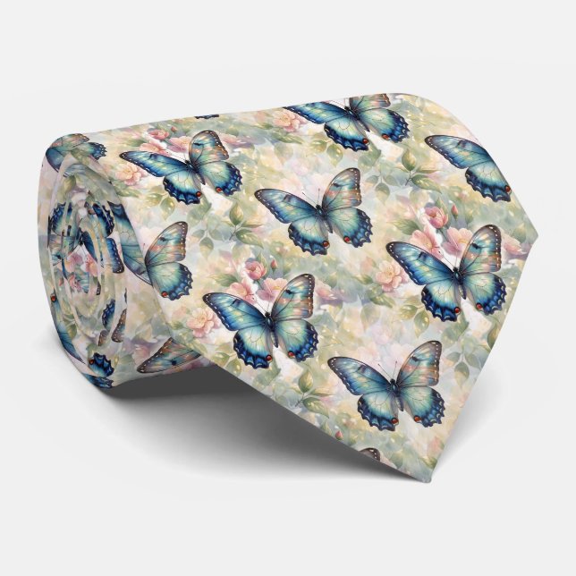 Blå Morpho Fjäril Blommig Botanisk Akvarell Slips (Rullad)