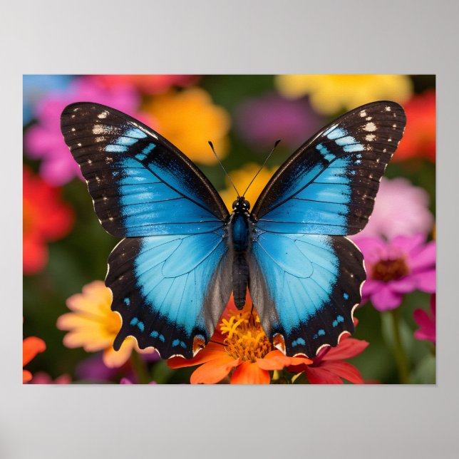 Blå Morpho Fjäril Blommig Botanisk Foto Konst Poster (Framsidan)
