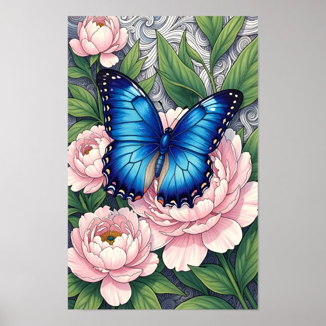Blå Morpho Fjäril Blommig Botanisk Konst Affisch (Framsidan)