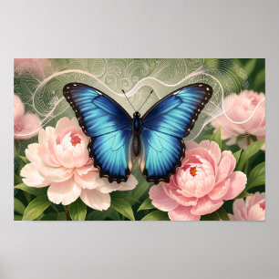 Blå Morpho Fjäril Blommig Botanisk Konst Affisch