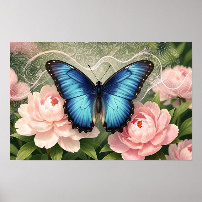 Blå Morpho Fjäril Blommig Botanisk Konst Affisch (Framsidan)