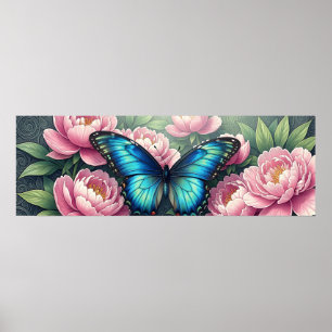 Blå Morpho Fjäril Blommig Botanisk Konst Affisch