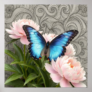 Blå Morpho Fjäril Blommig Botanisk Konst Poste Poster
