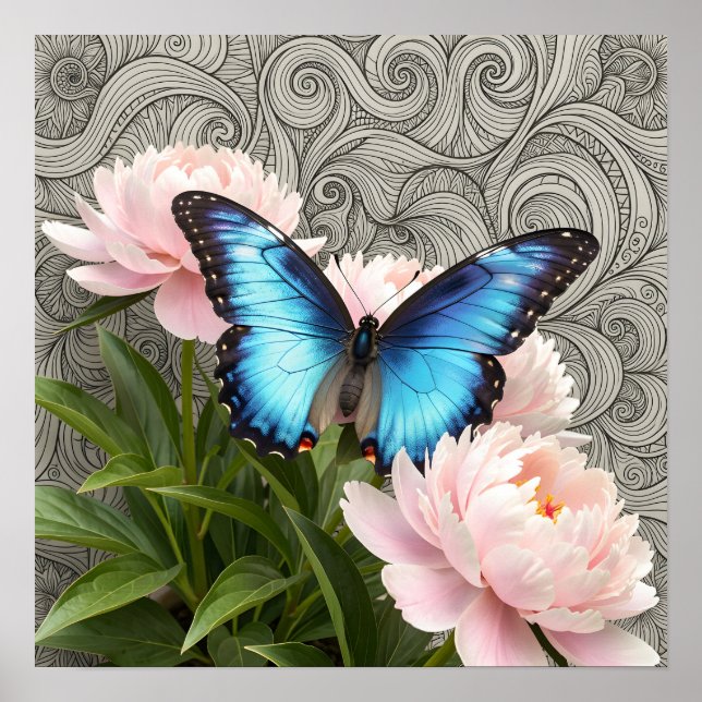 Blå Morpho Fjäril Blommig Botanisk Konst Poste Poster (Framsidan)