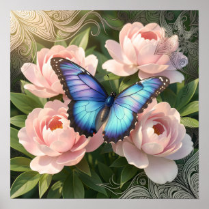 Blå Morpho Fjäril Blommig Botanisk Konst Poste Poster